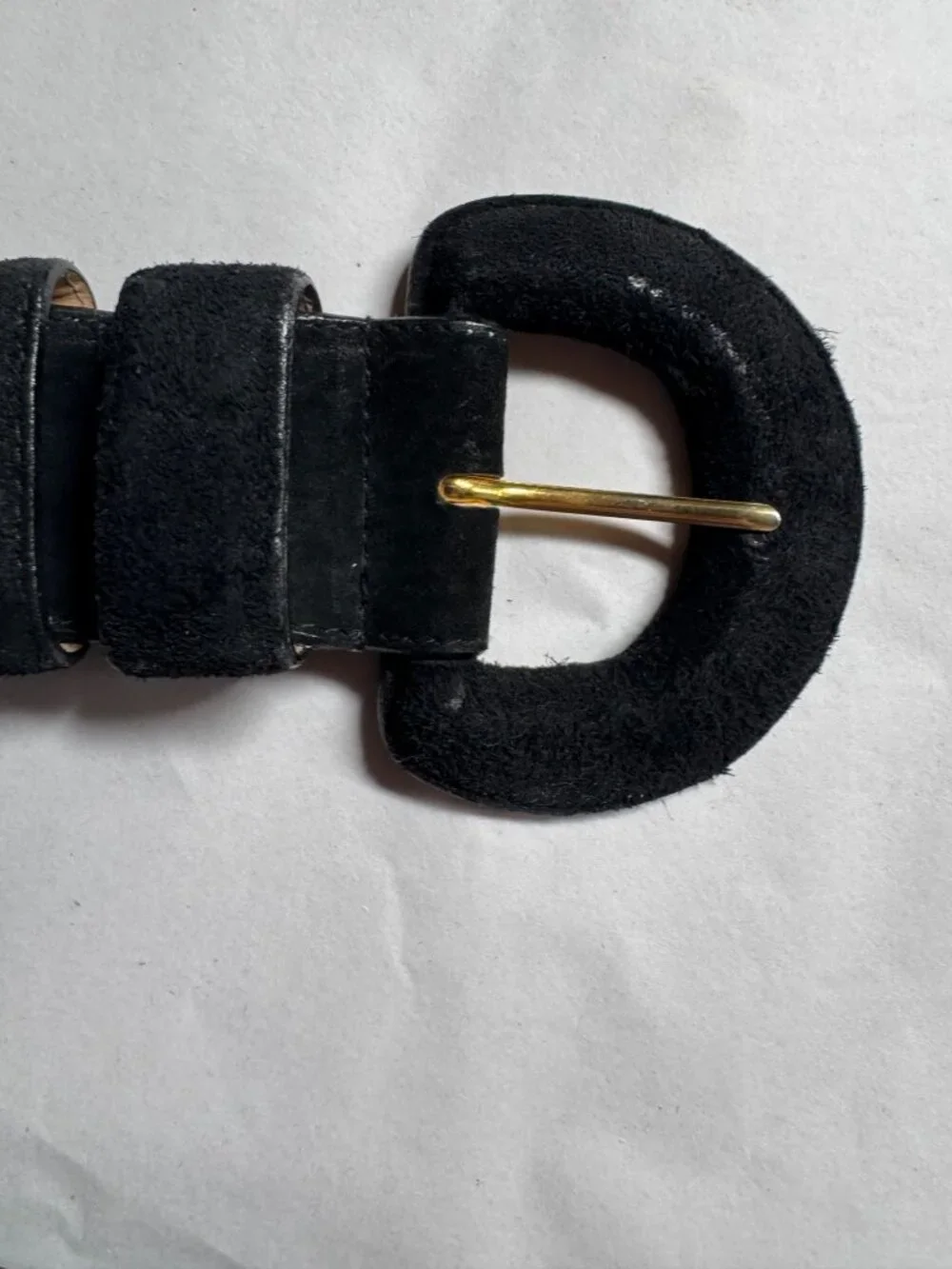 Lord and Taylor Vintage Black Suede Leather Belt With Gold-Tone Buckle Medium Ge
